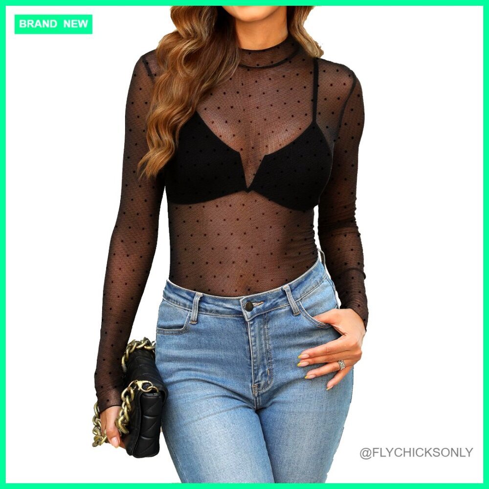 Long Sleeve Mesh Top Mock Neck Sheer Blouse Fitted Polyester Spandex